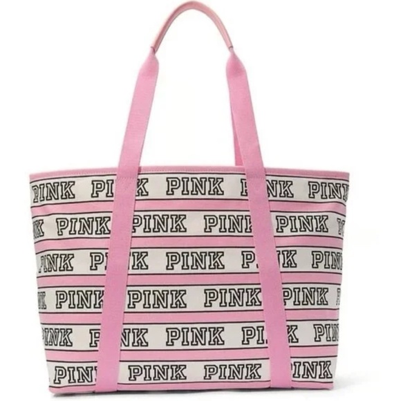 NWT Victoria’s Secret PINK Logo Tote Bag Pink & White Allover Logo - Picture 1 of 4